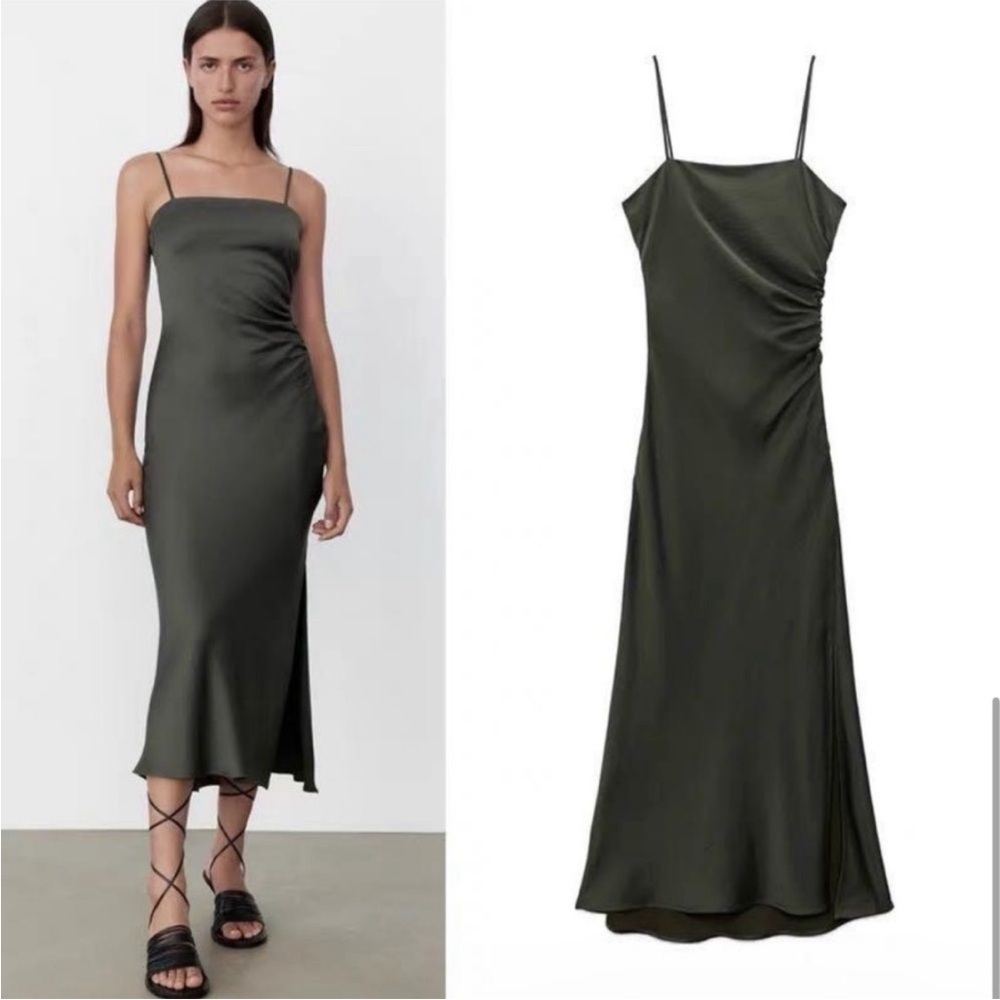 Zara Satin / Silk Effect Runched Slit Midi Dress